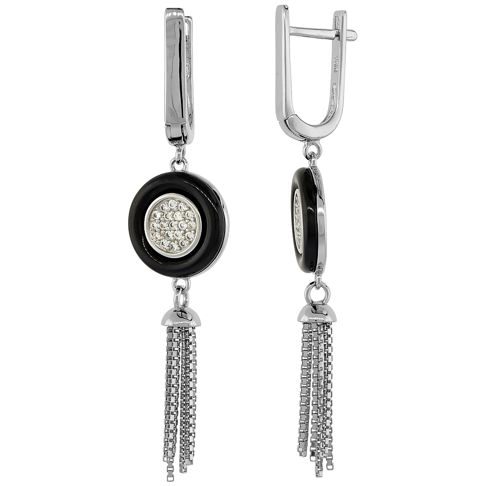 Sterling Silver Cubic Zirconia Lever Back Earrings Rhodium Finish & Black Ceramic