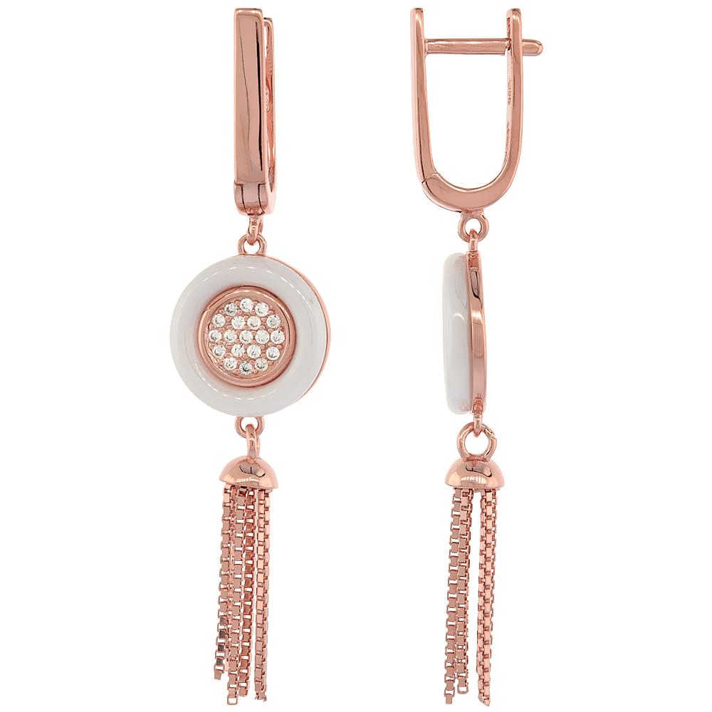 Sterling Silver Cubic Zirconia Lever Back Earrings Rose Gold Finish & White Ceramic