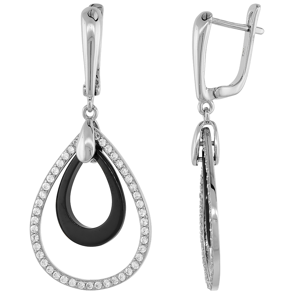 Sterling Silver Cubic Zirconia Lever Back Earrings Rhodium Finish & Black Ceramic