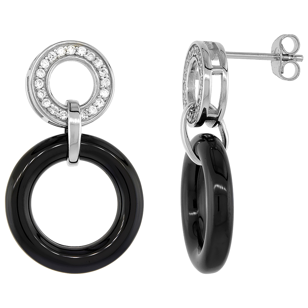 Sterling Silver Cubic Zirconia Post Earrings Rhodium Finish & Black Ceramic