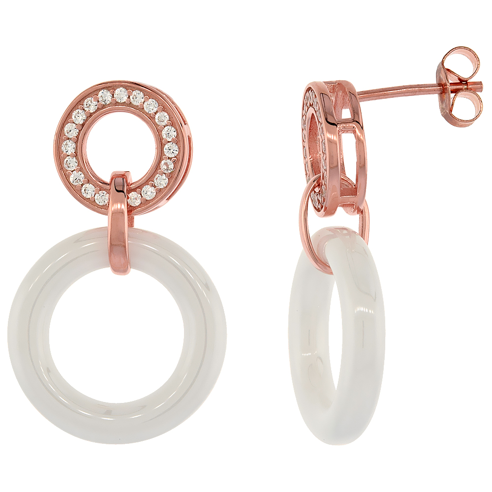 Sterling Silver Cubic Zirconia Post Earrings Rose Gold Finish & White Ceramic