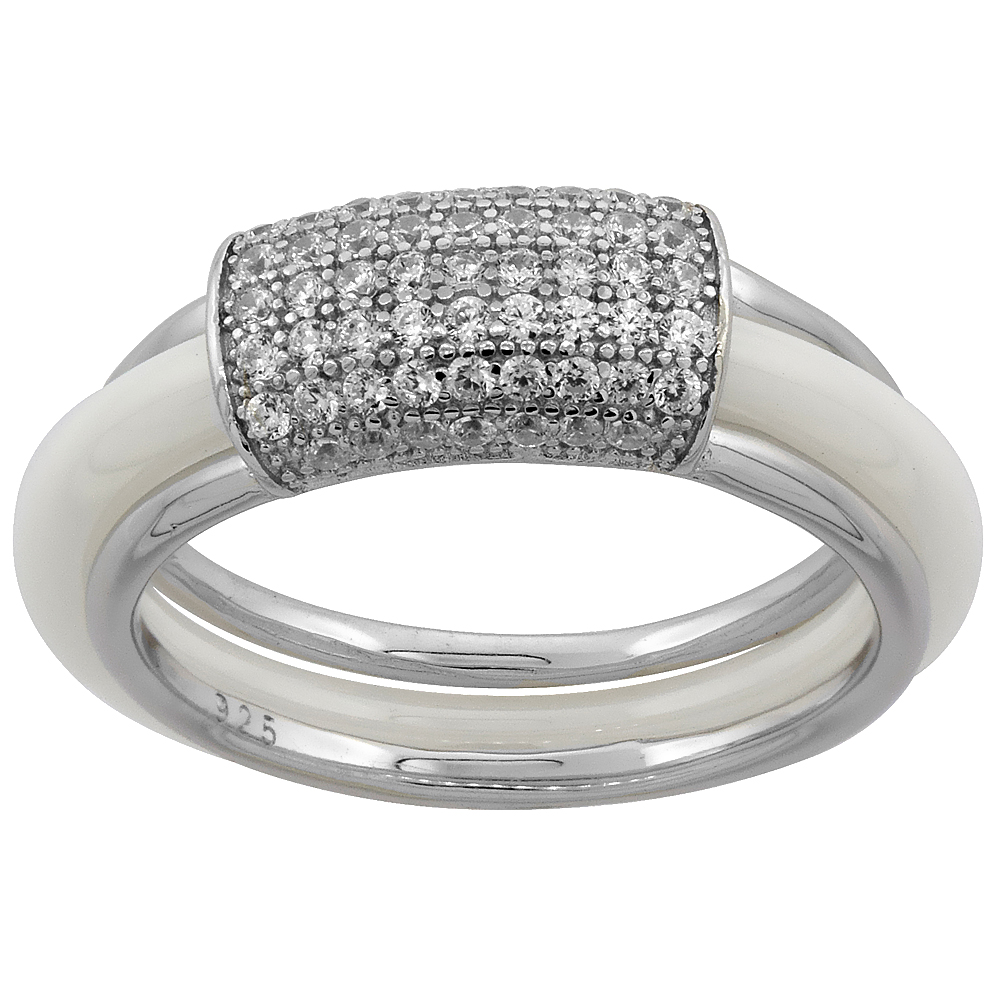 Sterling Silver Rectangular Cubic Zirconia White Ceramic Ring, 1/4 inch wide, sizes 6 - 8