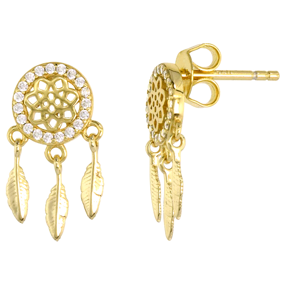 Dainty Sterling Silver Dream Catcher Earrings Studs White CZ Micropave Gold Plated 3/4 inch (18mm) long