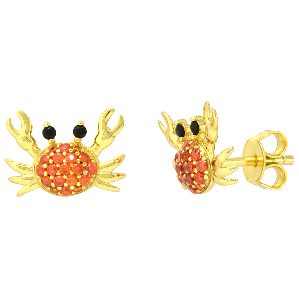 Dainty Sterling Silver Cancer Crab Earrings Studs Orange CZ Micropave Gold Plated 1/2 inch (13mm) wide