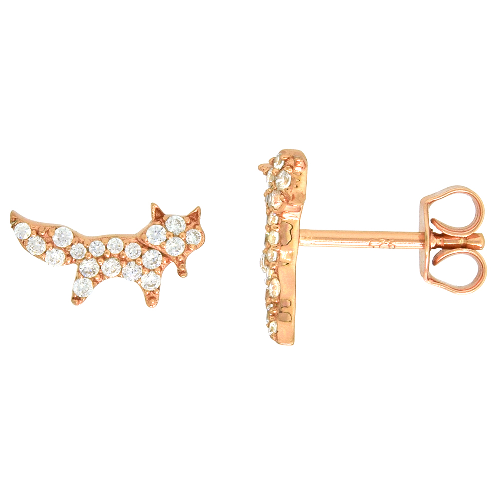 Dainty Sterling Silver Fox Earrings Studs White CZ Micropave Rose Gold Plated 1/2 inch (12mm) wide