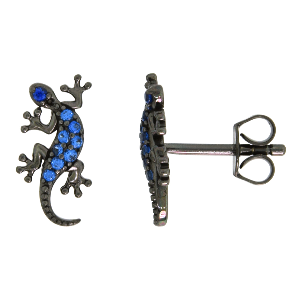 Dainty Sterling Silver Gecko Earrings Studs Blue CZ Micropave Black Rhhodium Plated 1/2 inch (14mm) wide