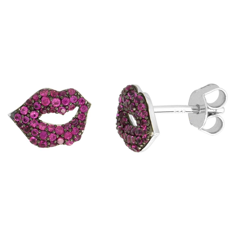 Dainty Sterling Silver Purple Lips Earrings Studs Violet CZ Micropave Rhodium Plated 3/8 inch (11mm) wide