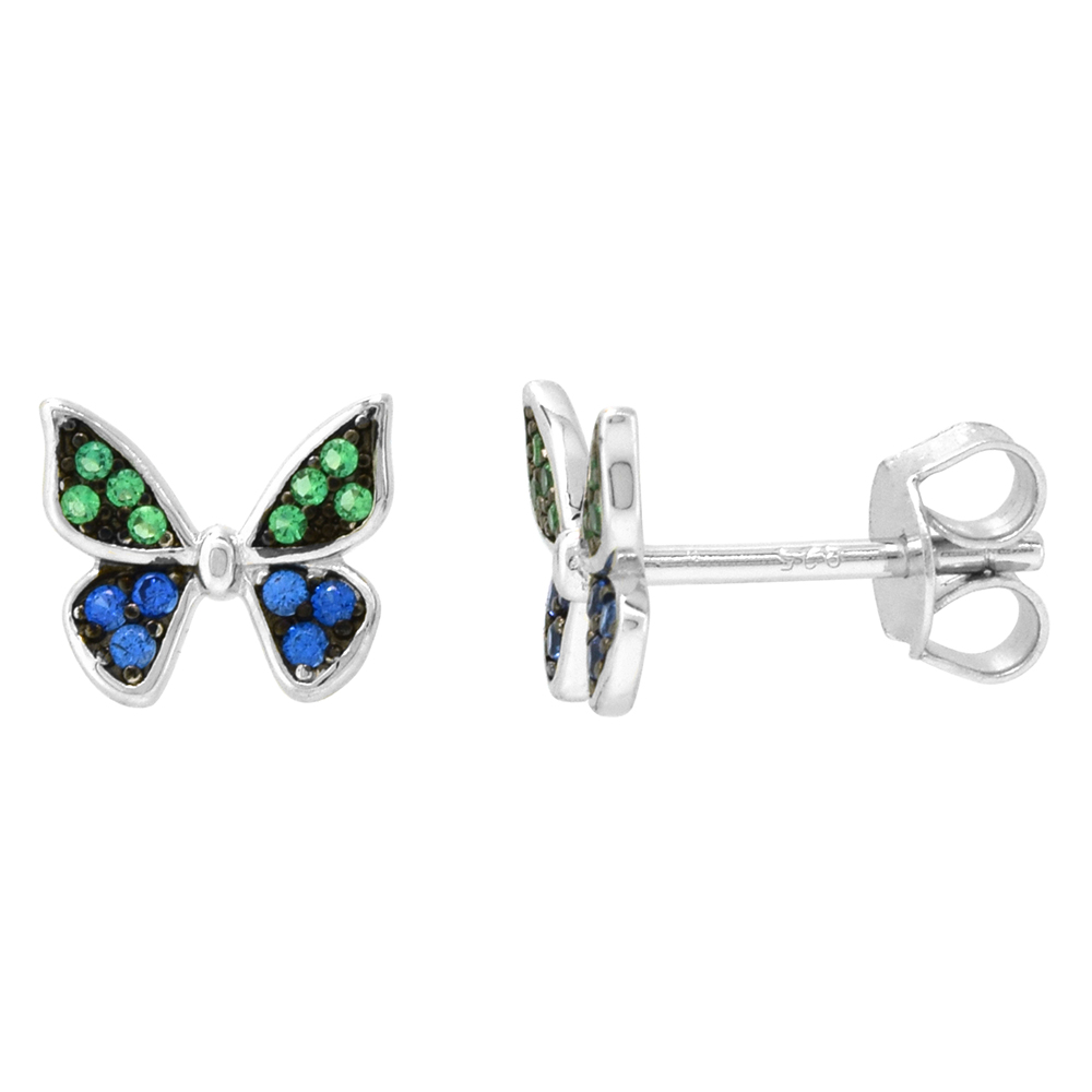 Dainty Sterling Silver Butterfly Earrings Studs Green and Blue CZ Micropave Rhodium Plated 3/8 inch (9mm) wide