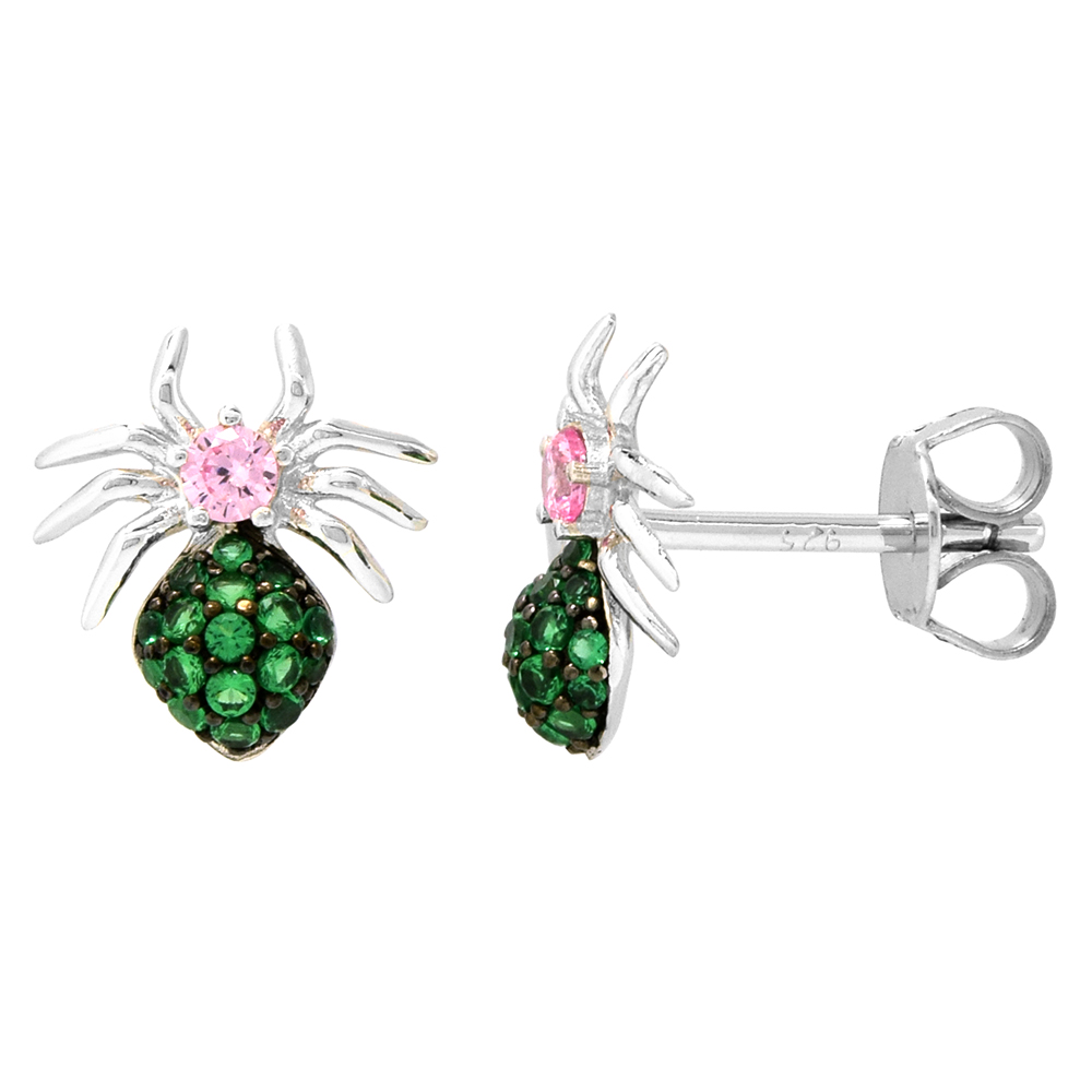 Dainty Sterling Silver Spider Earrings Studs Green and Pink CZ Micropave Rhodium Plated 3/8 inch (11mm) long