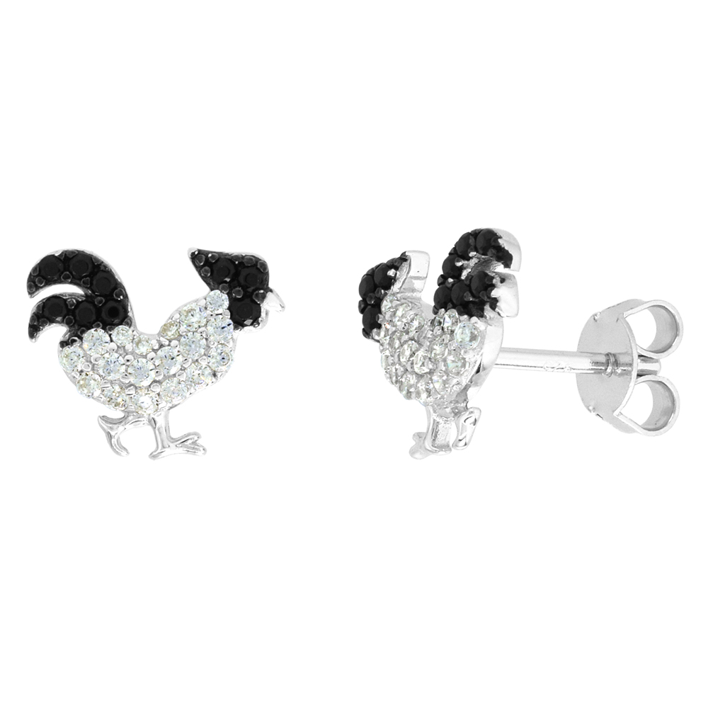 Dainty Sterling Silver Rooster Earrings Studs Black and White CZ Micropave Rhodium Plated 1/2 inch (13mm) wide