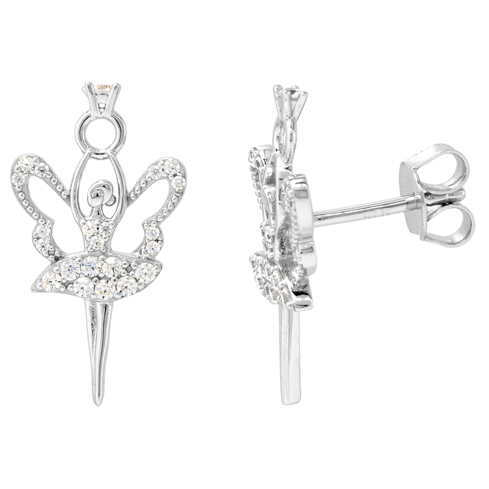 Dainty Sterling Silver Ballerina Earrings Studs White CZ Micropave Rhodium Plated 3/4 inch (20mm) long