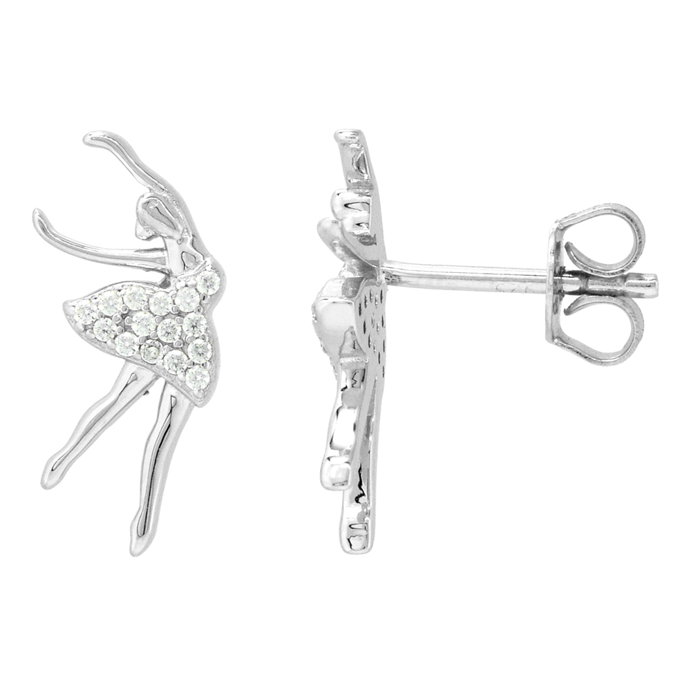 Dainty Sterling Silver Ballerina Earrings Studs White CZ Micropave Rhodium Plated 3/4 inch (18mm) long