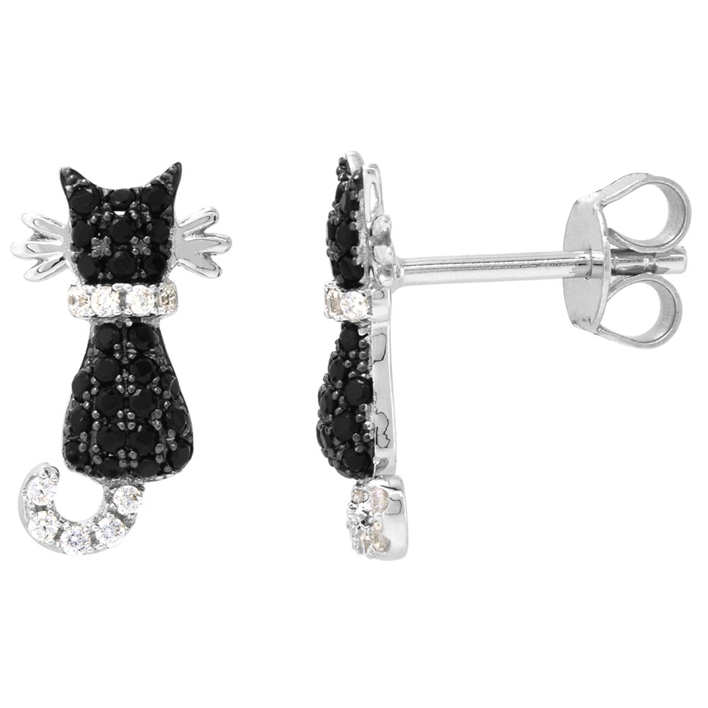 Dainty Sterling Silver Cat Earrings Studs Black CZ Micropave Rhodium Plated 5/8 inch (15mm) wide
