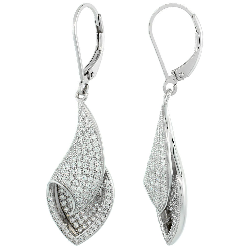 Sterling Silver Micro Pave Cubic Zirconia Shell lever back Earring White Stones
