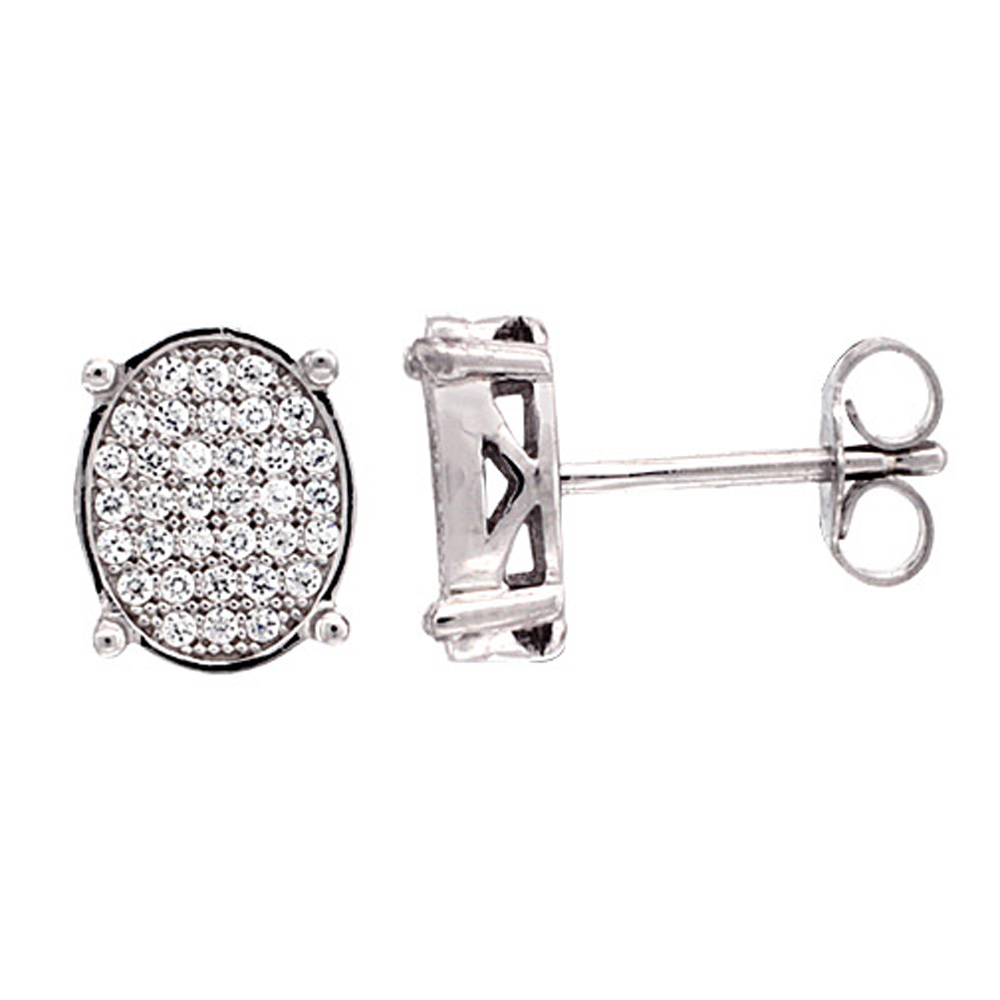 Sterling Silver Oval Post CZ Earrings Micro Pave, 3/8 inch long
