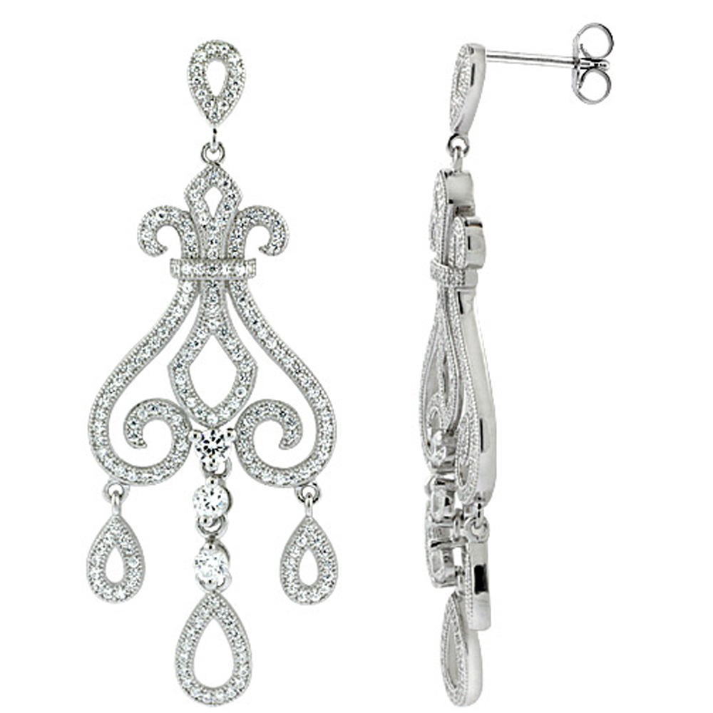 Sterling Silver Fleur de Lis Girandole CZ Earrings Micro Pave, 2 5/16 inch long