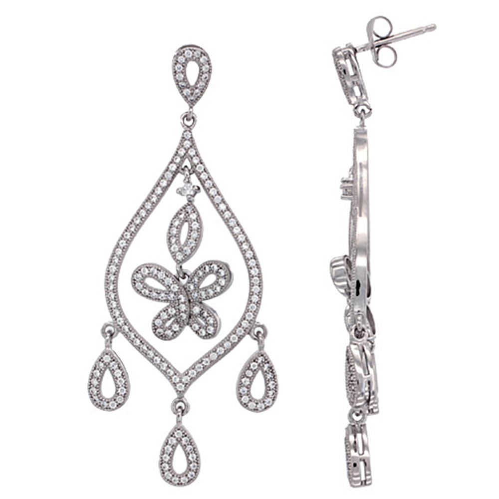 Sterling Silver Butterfly Girandole CZ Earrings Micro Pave, 2 1/4 inch long