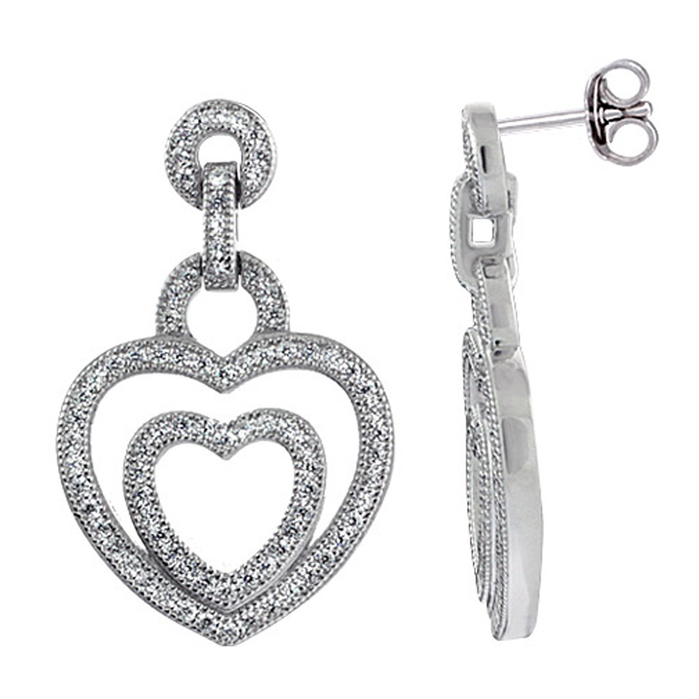 Sterling Silver Double Heart Dangling Post CZ Earrings Micro Pave, 1 inch long