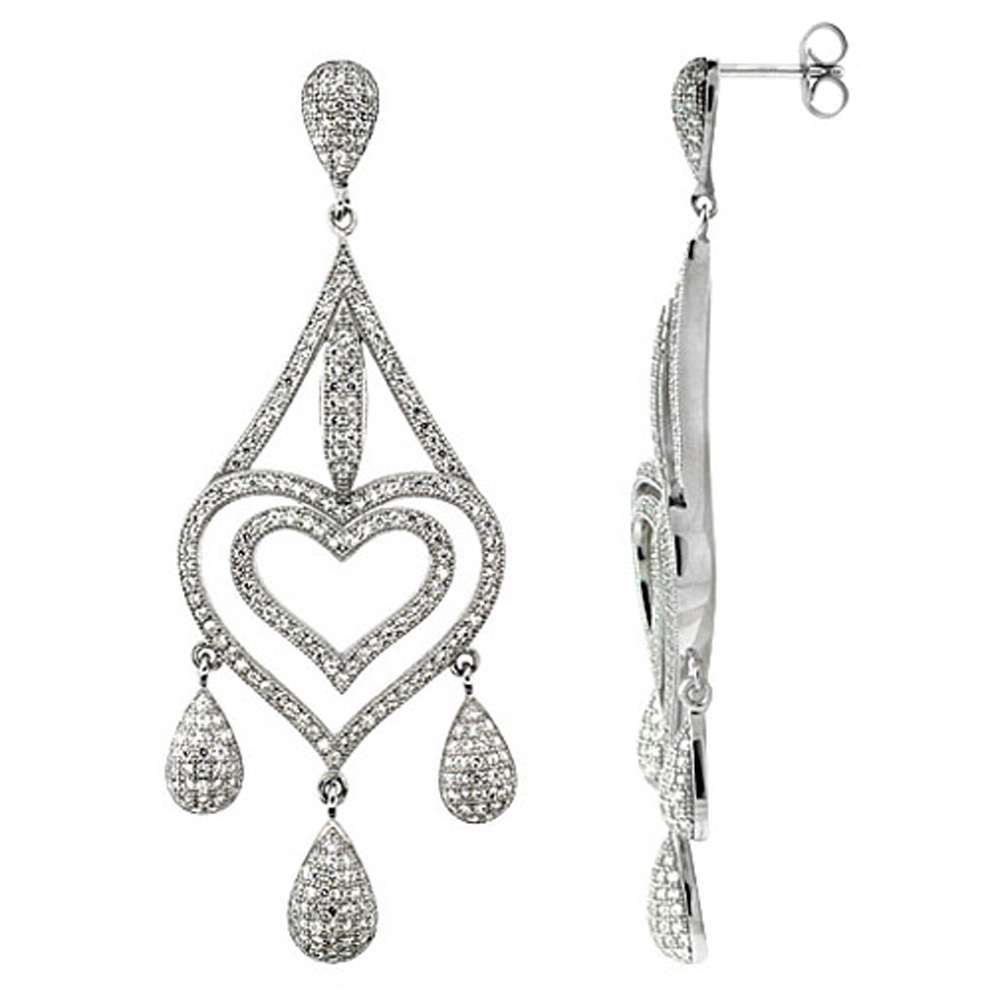 Sterling Silver Double Heart Girandole Post CZ Earrings Micro Pave, 2 7/16 inch long