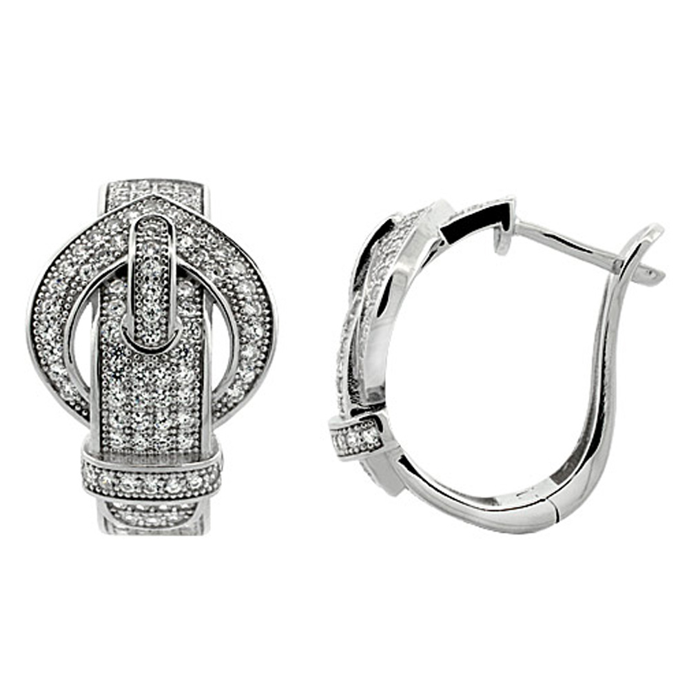 Sterling Silver Belt Buckle Post CZ Earrings Micro Pave, 13/16 inch long