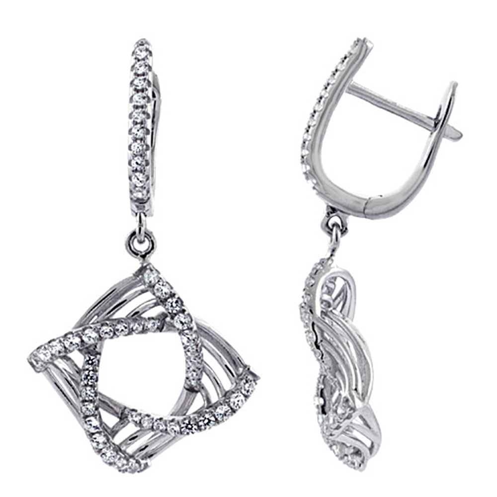 Sterling Silver Square Ribbed Dangling CZ Earrings Micro Pave, 1 1/4 inch long