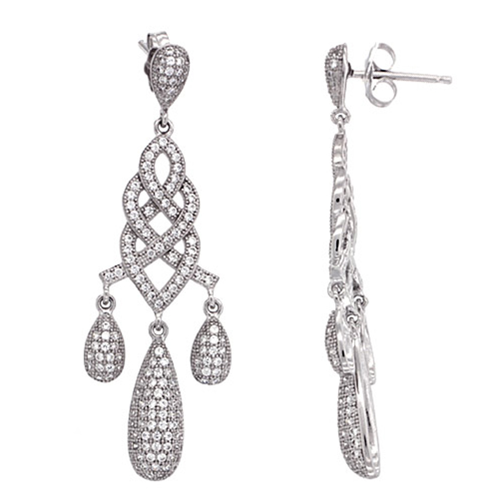 Sterling Silver Infinity Girandole CZ Earrings Micro Pave, 1 13/16 inch long
