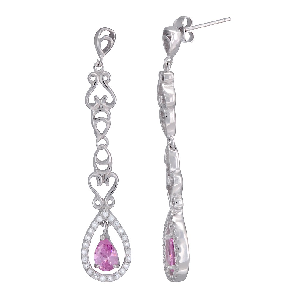 Sterling Silver Pink Topaz Teardrop CZ Earrings Micro Pave, 1 inch long