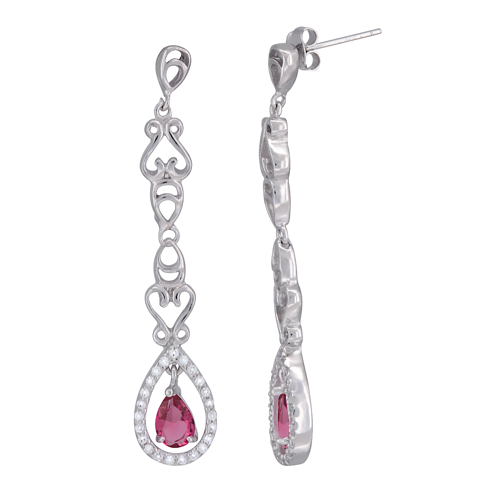 Sterling Silver Pear Shape Ruby CZ Earrings Micro Pave, 1 inch long