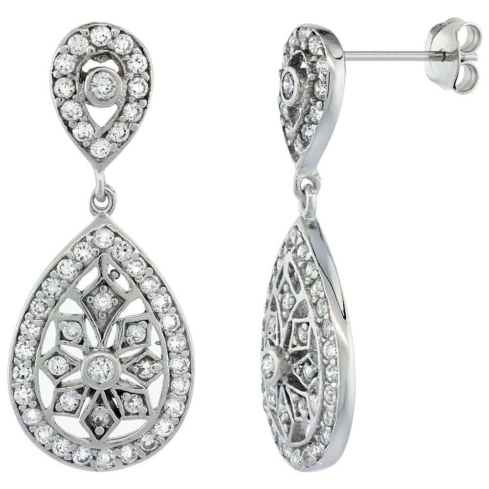 Sterling Silver Pear Shape Decorative Dangling CZ Earrings Micro Pave, 1 1/4 inch long