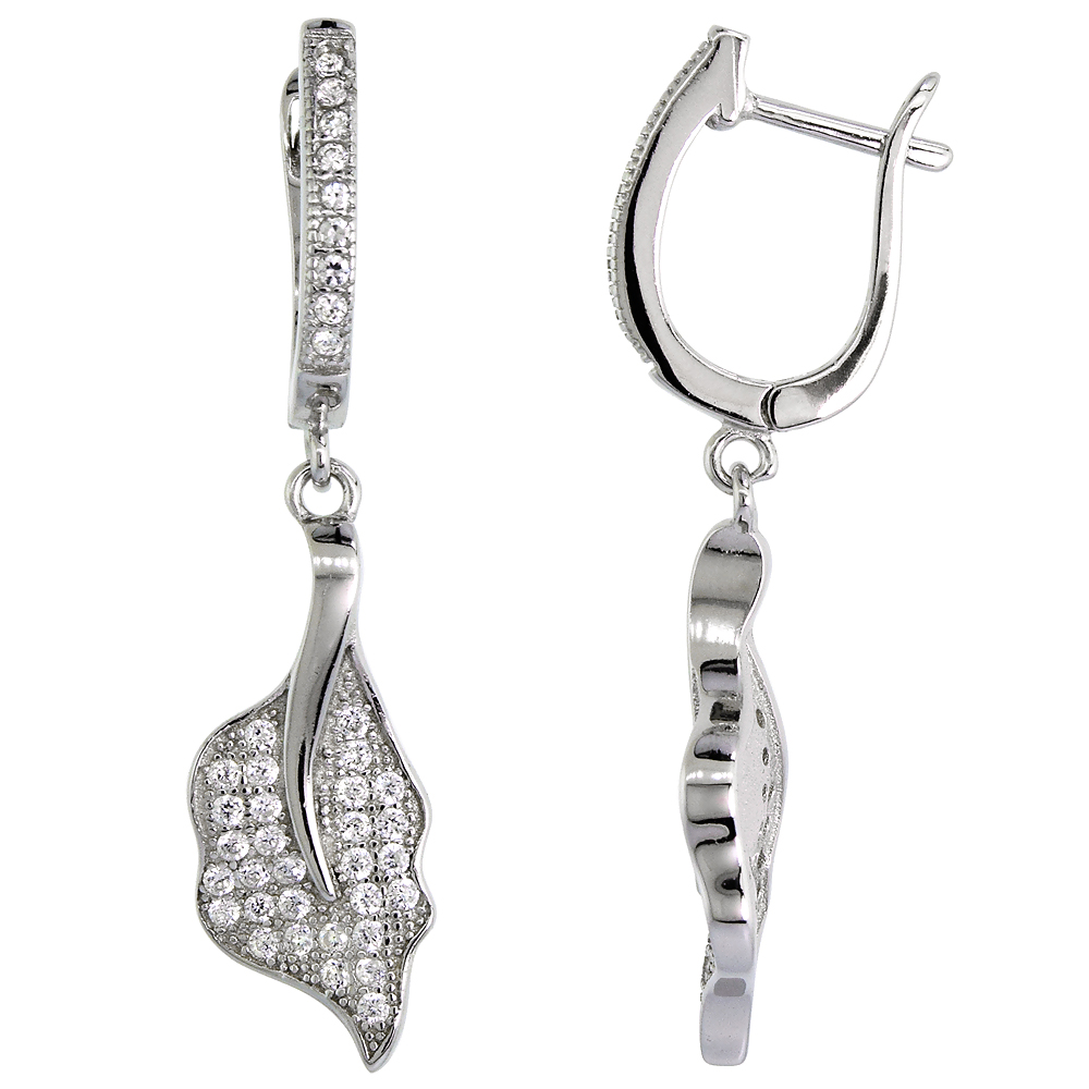 Sterling Silver Micro Pave CZ Dangling Leaf Lever Back Earrings, 1 13/32 inch long
