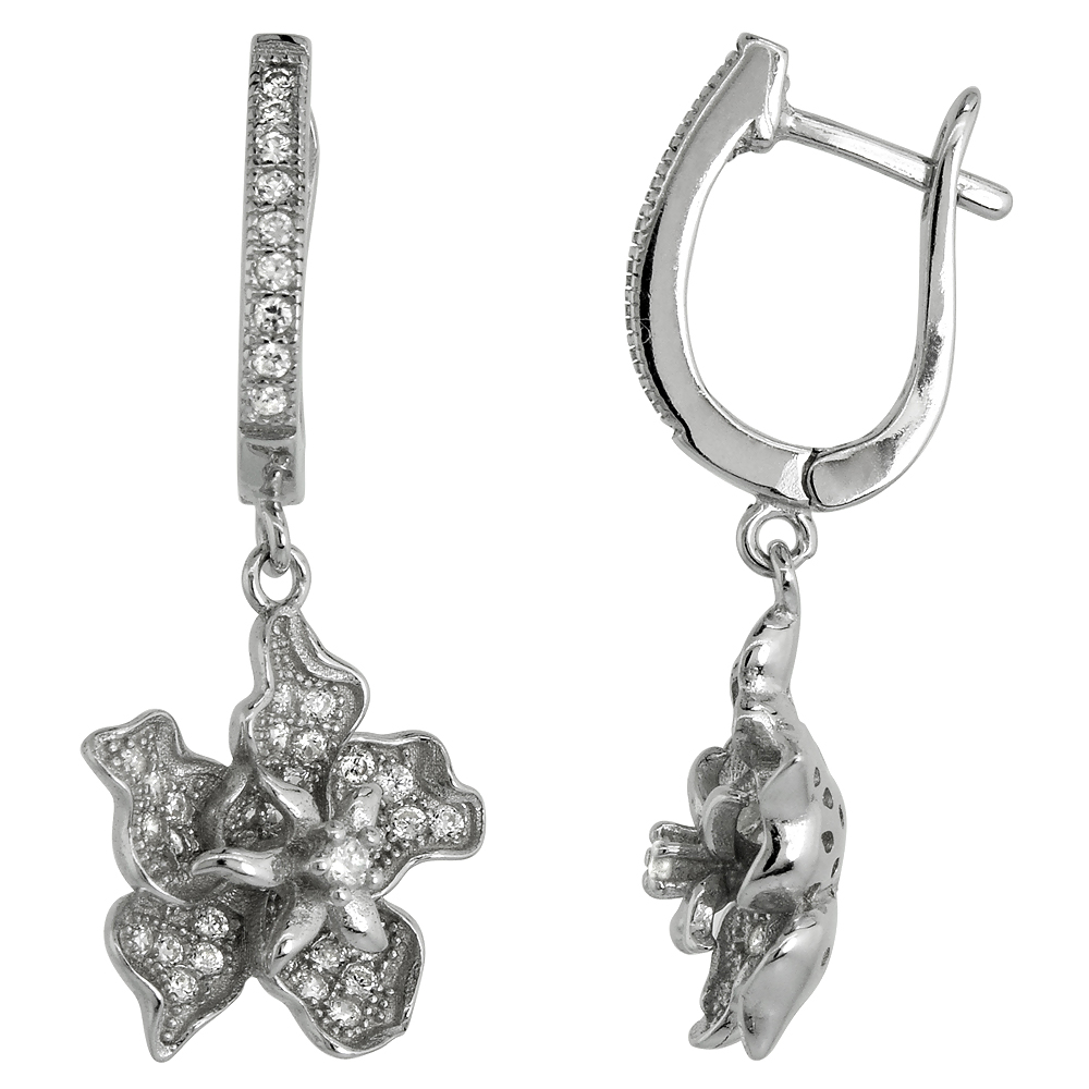 Sterling Silver Micro Pave CZ Dangling Orchid Lever Back Earrings, 1 3/16 inch long