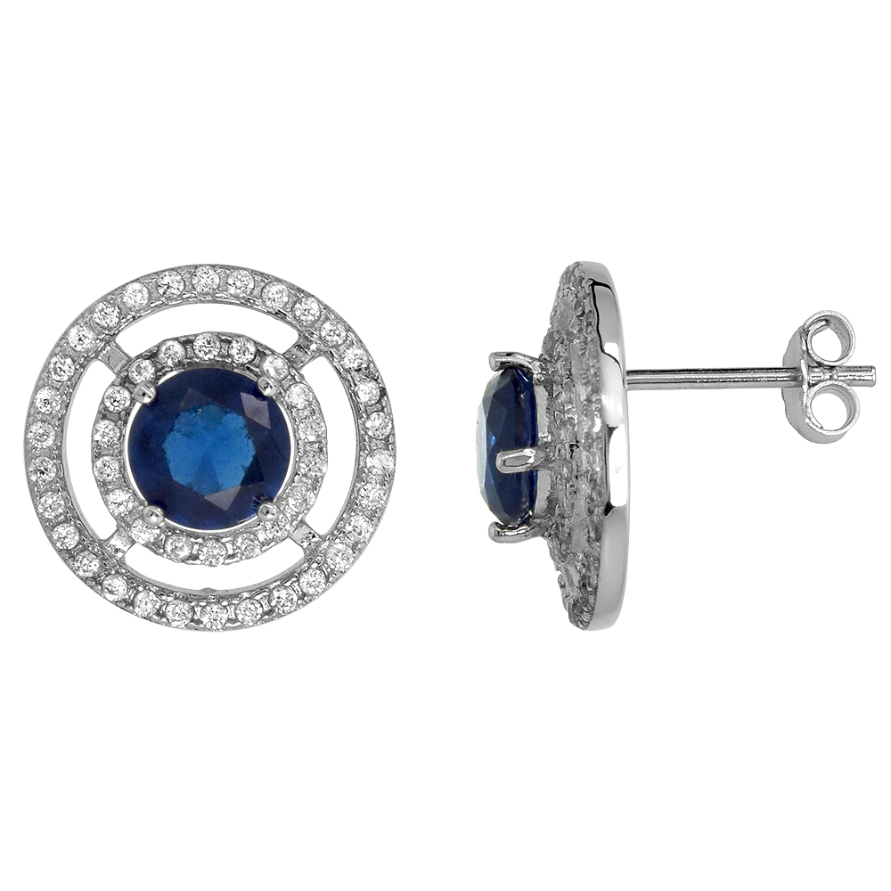 Sterling Silver Micro Pave CZ Stud Earrings with Round Blue Sapphire, 9/16 inch in diameter