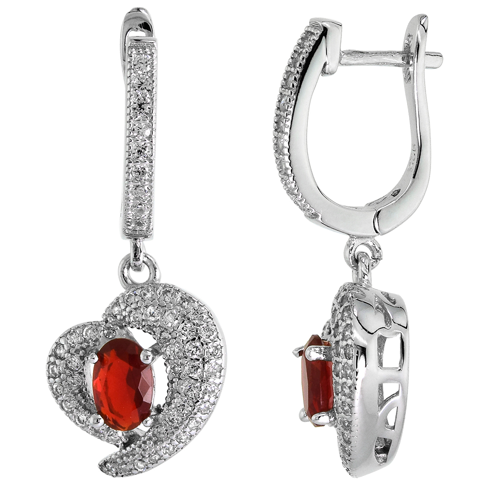 Sterling Silver Micro Pave CZ Dangling Heart Lever Back Earrings with Garnet, 1 3/16 inch long