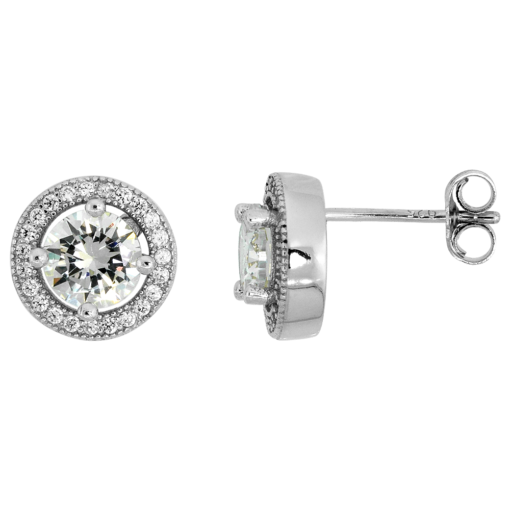 Sterling Silver Micro Pave CZ Round Stud Earrings, 13/32 inch in diameter