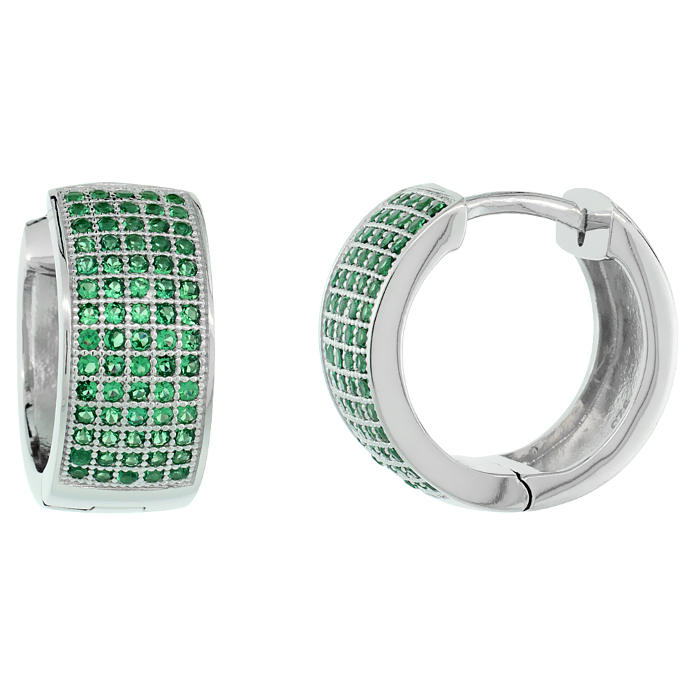 Sterling Silver Micro Pave Cubic Zirconia Huggie Hoop Earring Green Cubic Zirconia