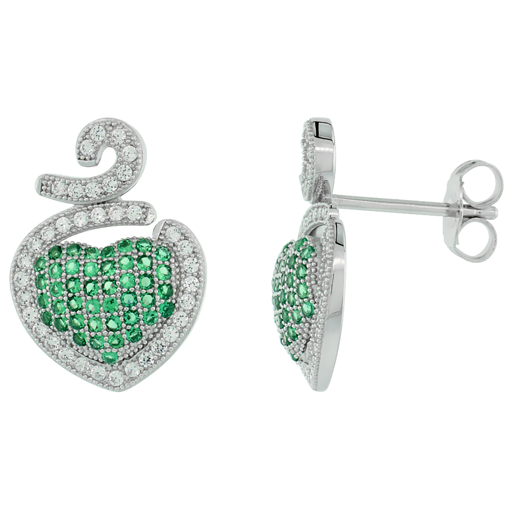 Sterling Silver Micro Pave Cubic Zirconia Nested Heart Earring White & Green Stones