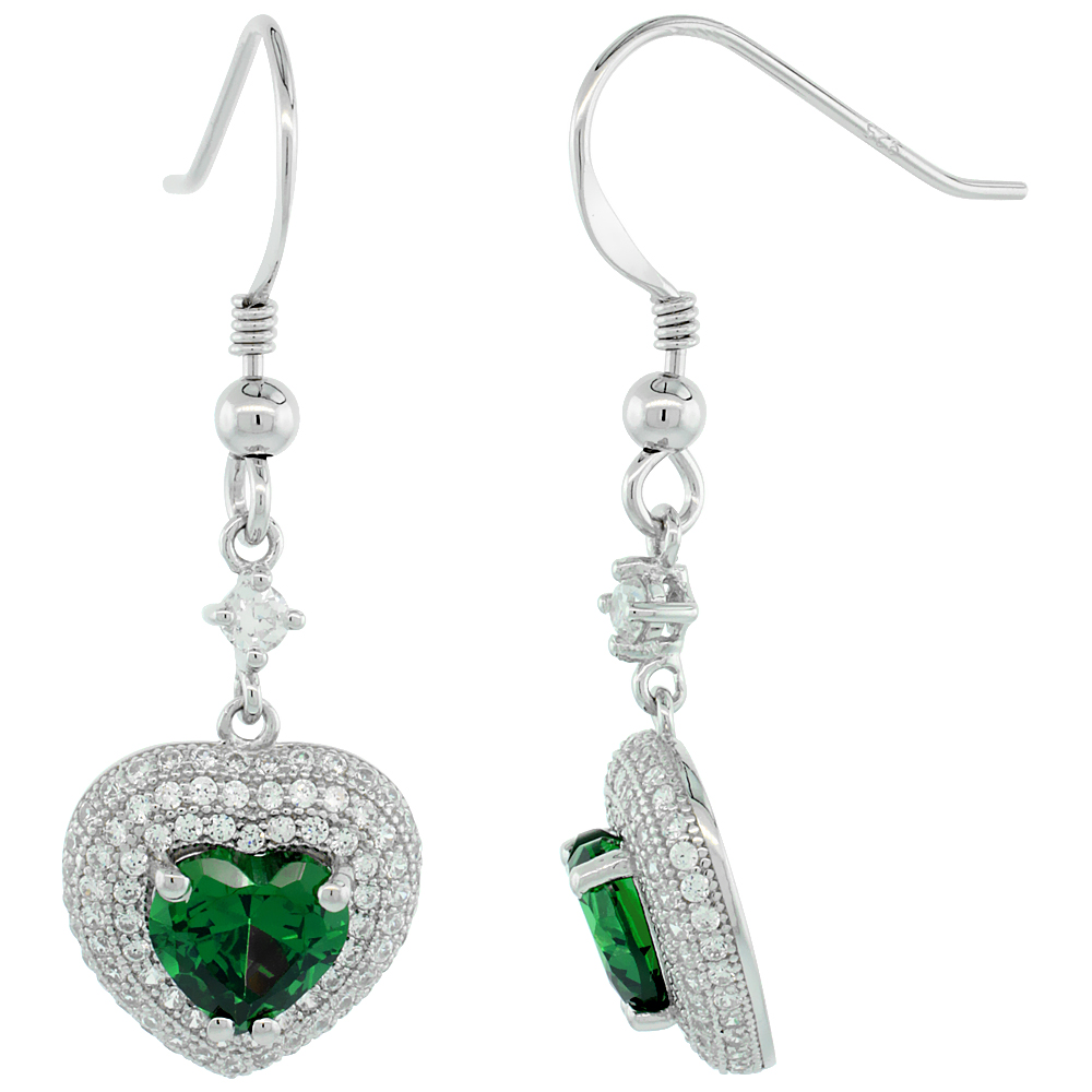 Sterling Silver Micro Pave Cubic Zirconia Three Level Heart Hook Earring White Stones Centered Green Heart Prong Set
