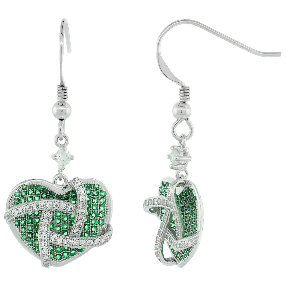 Sterling Silver Micro Pave Cubic Zirconia Caged Heart Hook Earring White & Green Stones