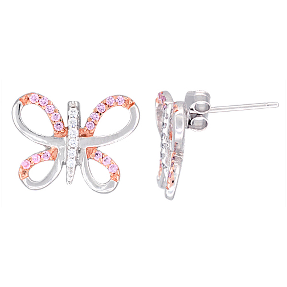 Sterling Silver Butterfly CZ Earrings Micro Pave Two Tone Finish, 3/4 inch long