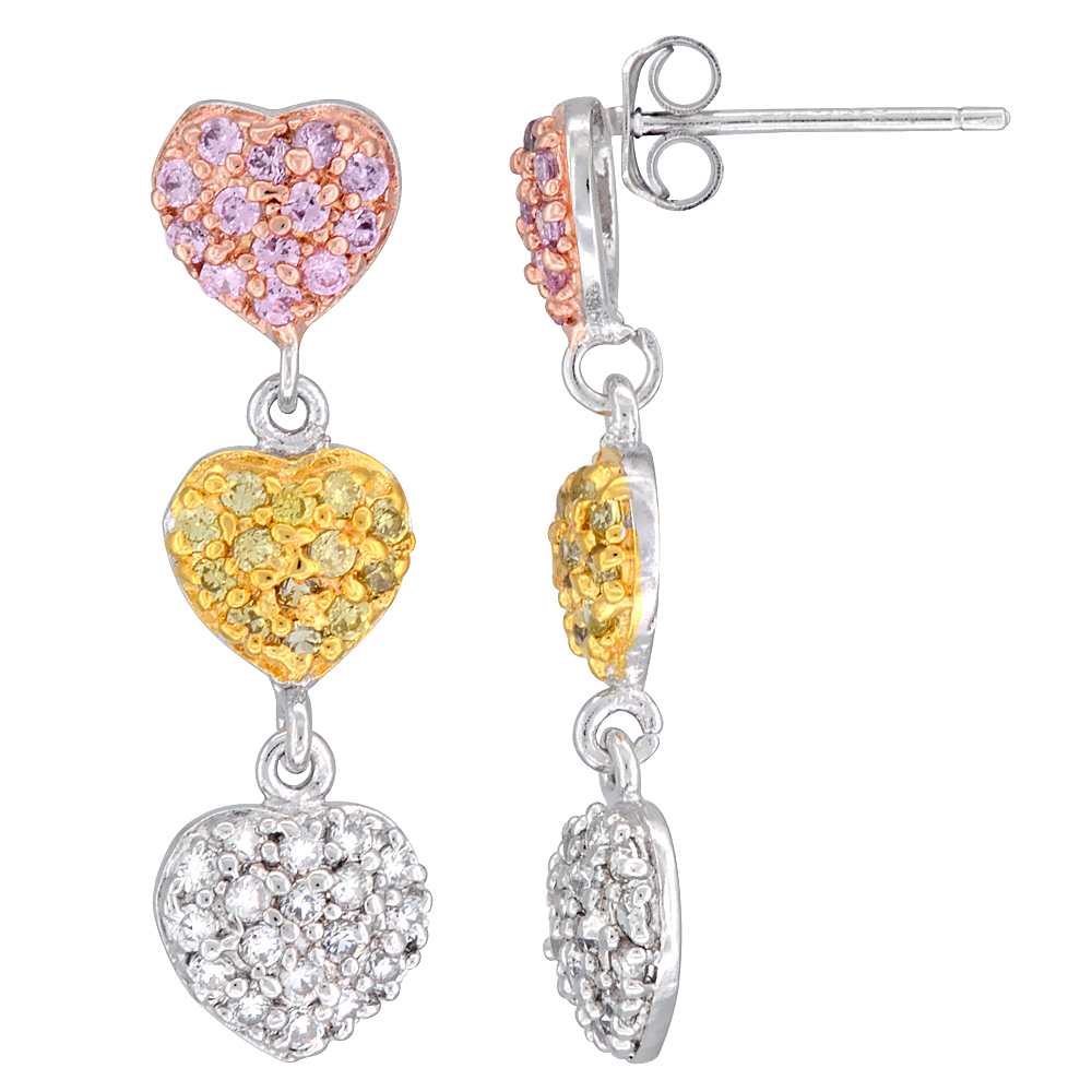 Sterling Silver Triple Heart CZ Earrings Micro Pave Tri-Color Finish, 1 1/8 inch long