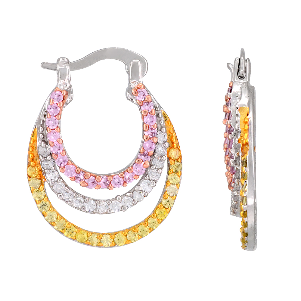 Sterlig Silver Graduating Circles CZ Earrings Micro Pave Tri-Color Finish, 7/8 inch in diameter