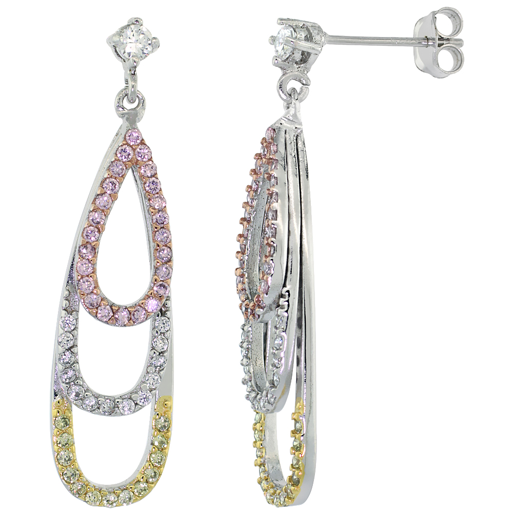 Sterling Silver Graduating Teardrops CZ Earrings Micro Pave Tri-Color Finish, 1 5/16 inch long