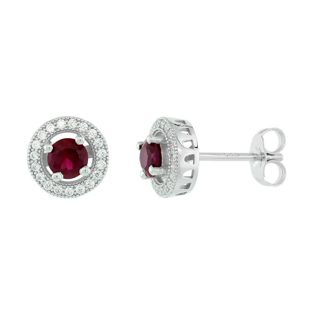 Sterling Silver Micro Pave Cubic Zirconia Round Shape Earring Centered Red Ruby & White Stones