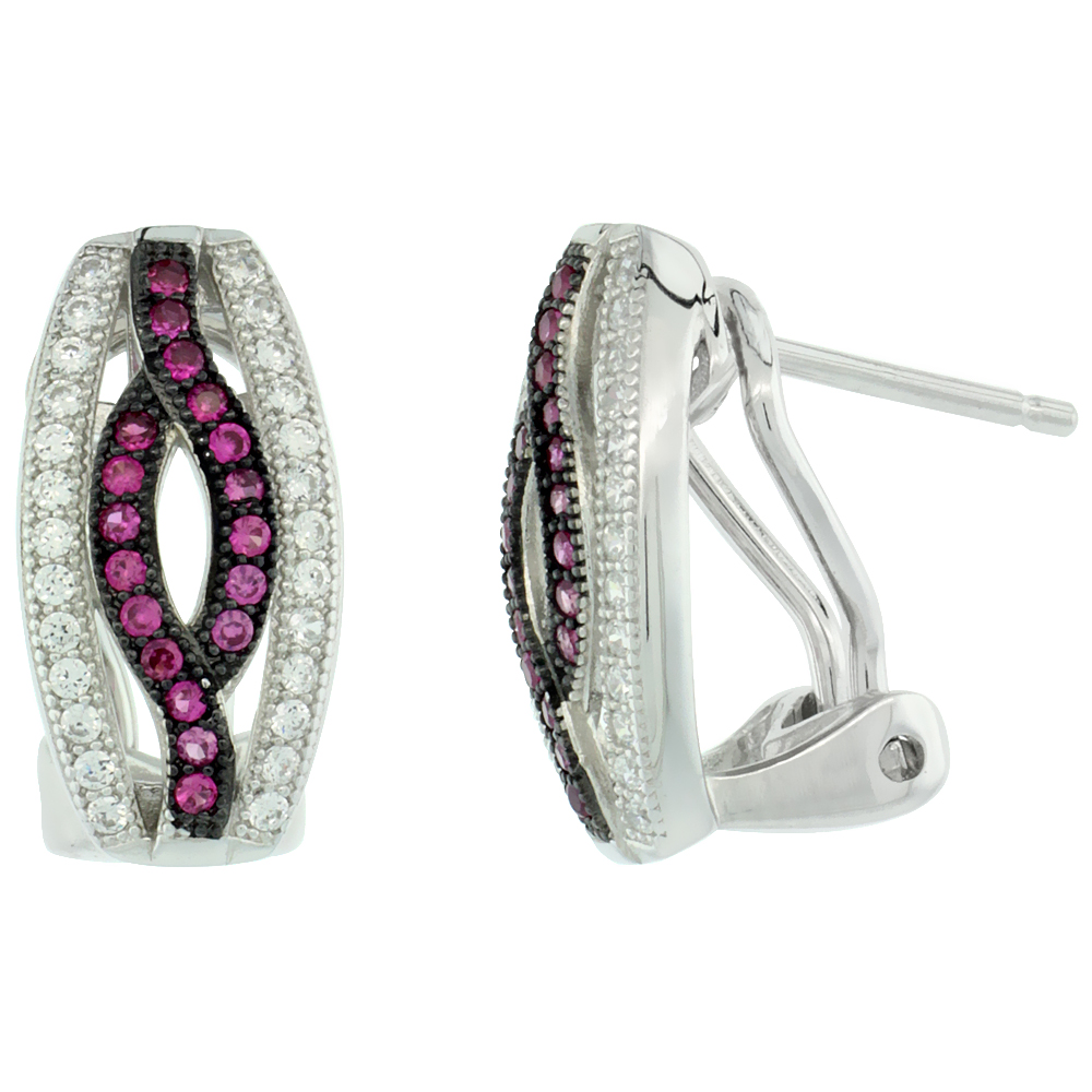 Sterling Silver Micro Pave Cubic Zirconia Open Rectangular French Clip Earring White Cubic Zirconia Centered in Twisted Shape Red Stones