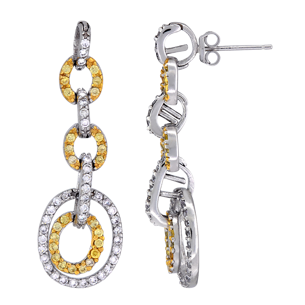 Sterling Silver Oval Links CZ Earrings Micro Pave Two Tone Finish, 1 11/16 inch long