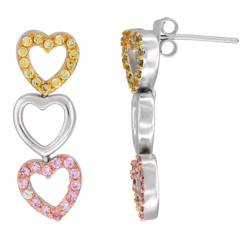 Sterling Silver Triple Open Heart CZ Earrings Micro Pave Tri-Color Finish, 1 1/8 inch long
