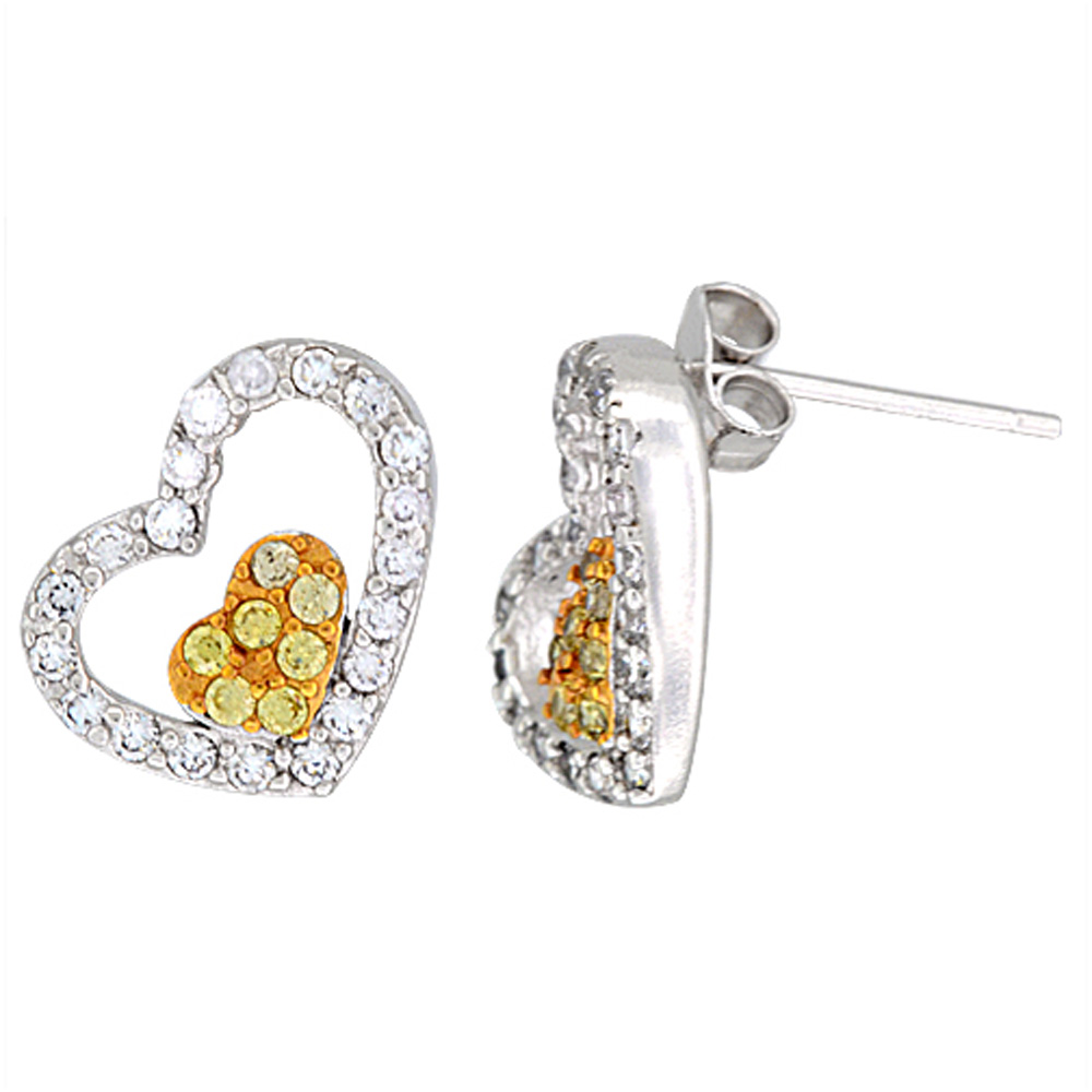 Sterling Silver Tilted Heart CZ Earrings Micro Pave Yellow Gold Finish, 9/16 inch long