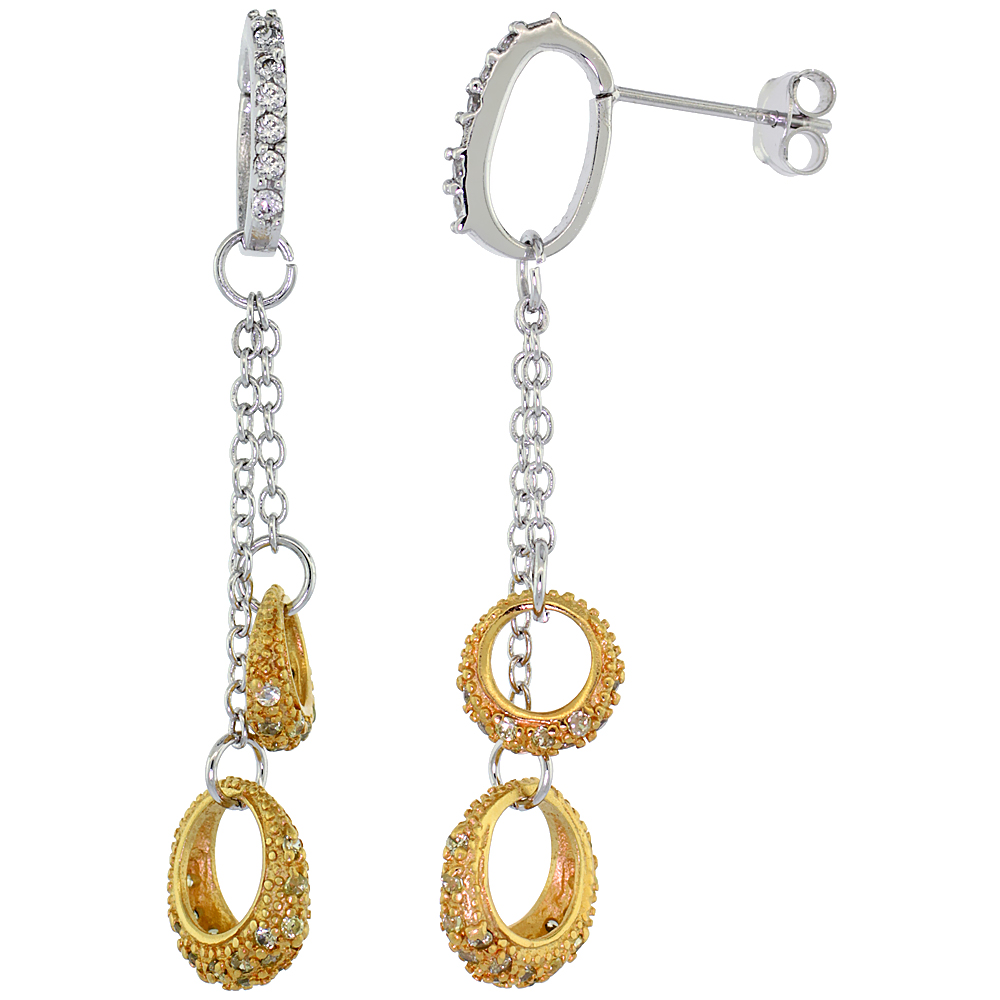 Sterling Silver Dangling Circles CZ Earrings Micro Pave Yellow Gold Finish, 1 7/8 inch in diameter