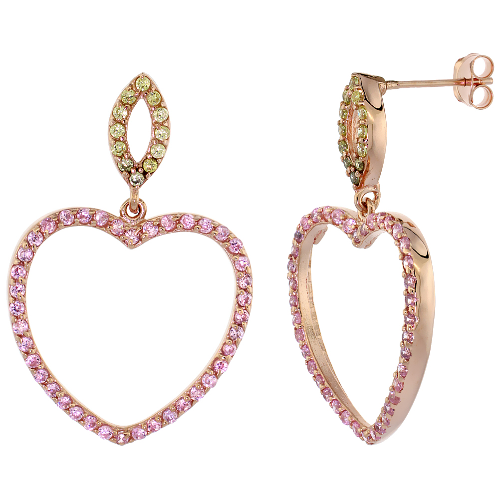 Sterling Silver Open Heart CZ Earrings Micro Pave Rose Gold Finish, 1 inch long
