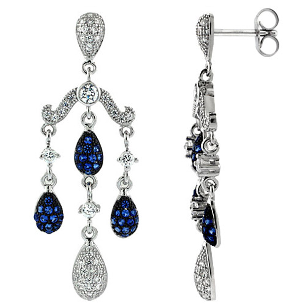 Sterling Silver 3-Strand CZ Earrings Micro Pave Girandole Blue Sapphire & White Stones, 1 1/2 inch long